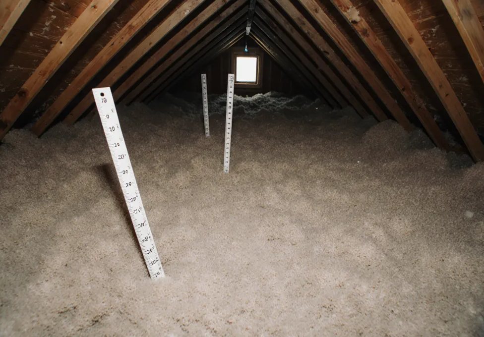 Attic floor covered in freshly blown-in cellulose with depth rulers standing in it