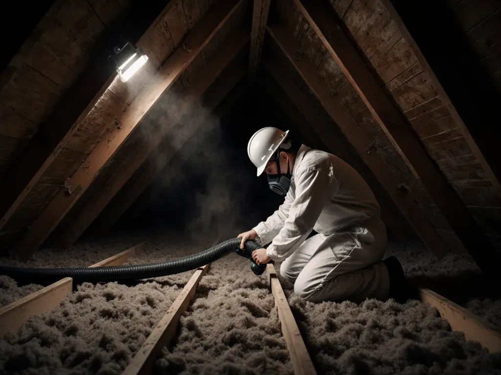 Worker in a coverall and respirator kneeling on attic joists, vacuuming out old insulation