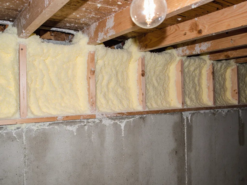 Basement rim joist bays filled with yellow closed-cell spray foam above the foundation wall