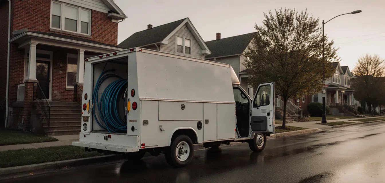 White work truck with a hose reel parked at a wet curb in front of a brick house in early morning light